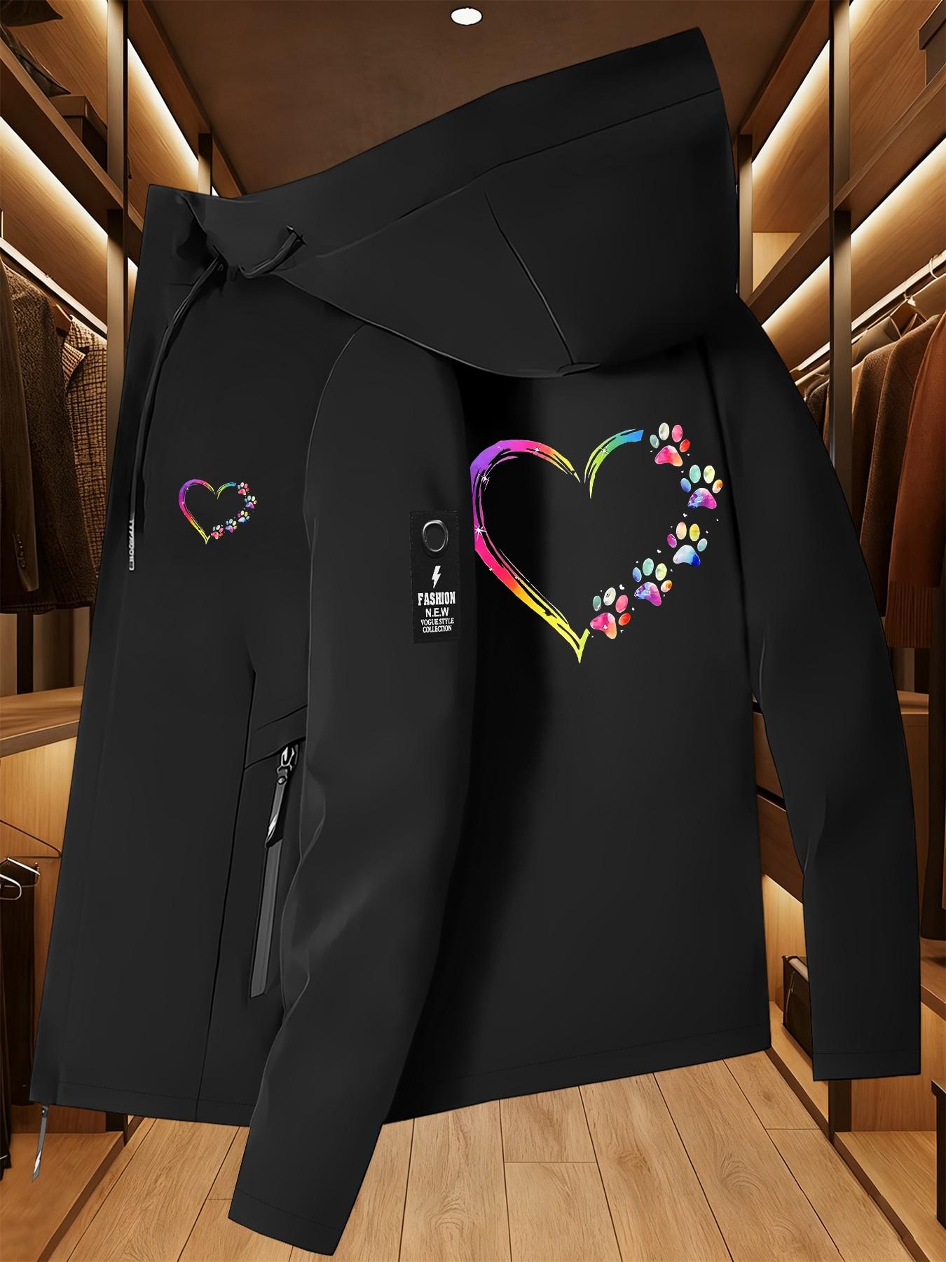 Rainbow Paw Print Heart Jacket, Pet Style Hooded Jacket, Watercolor Heart Paw Print Top, Casual Long Sleeve Windbreaker for All Seasons