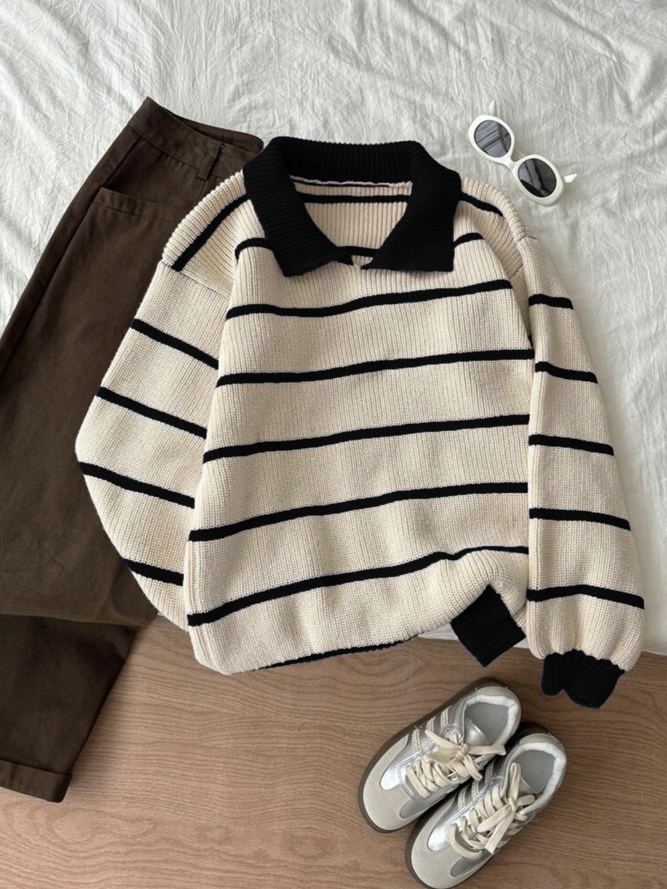 Autumn Winter Striped Polo Neck Long Sleeve Pullover Sweater, Fashionable Lazy Casual Loose Fit Knitwear, Versatile Style, Womenswear