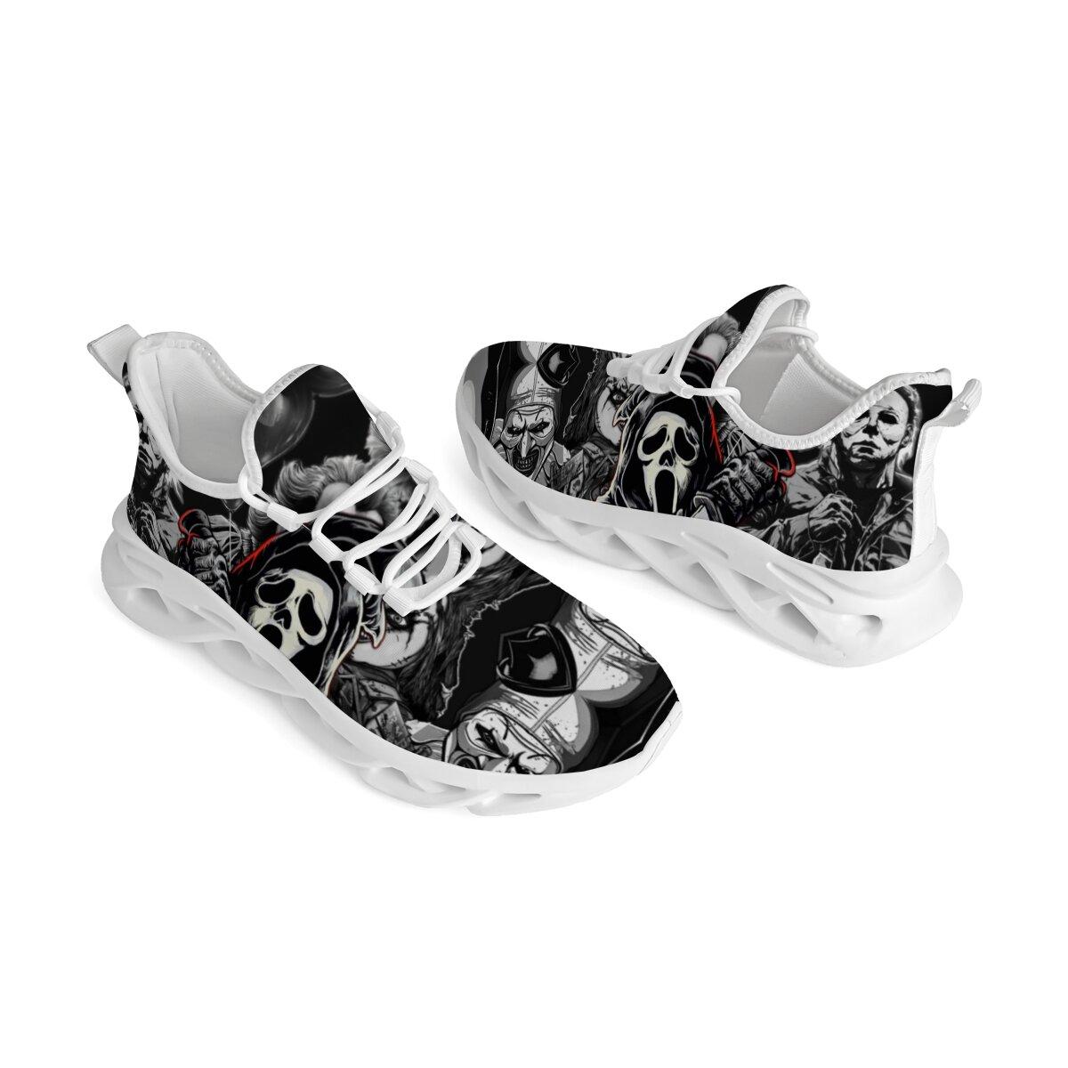 Halloween Dark Horror Mask Character Art Blade Sneakers Man Woman Hollow Wave Cushion Sole Mesh Running Shoes Monochrome Thriller Figure Collage Print Gothic Halloween Punk Casual Athletic Trainers For Men Women