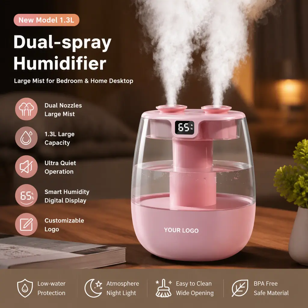 Desktop‑Friendly 2‑Nozzle Humidifier, New 1.3L Large Mist Output, Custom Logo for Home Bedroom Use