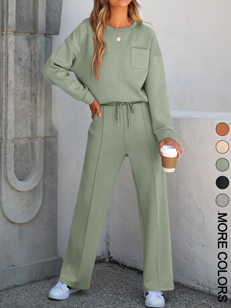 2-Piece Women's Casual Long Sleeve Pocket Sportswear Set, Stylish Comfortable Wide Leg Athletic Set for All Seasons
