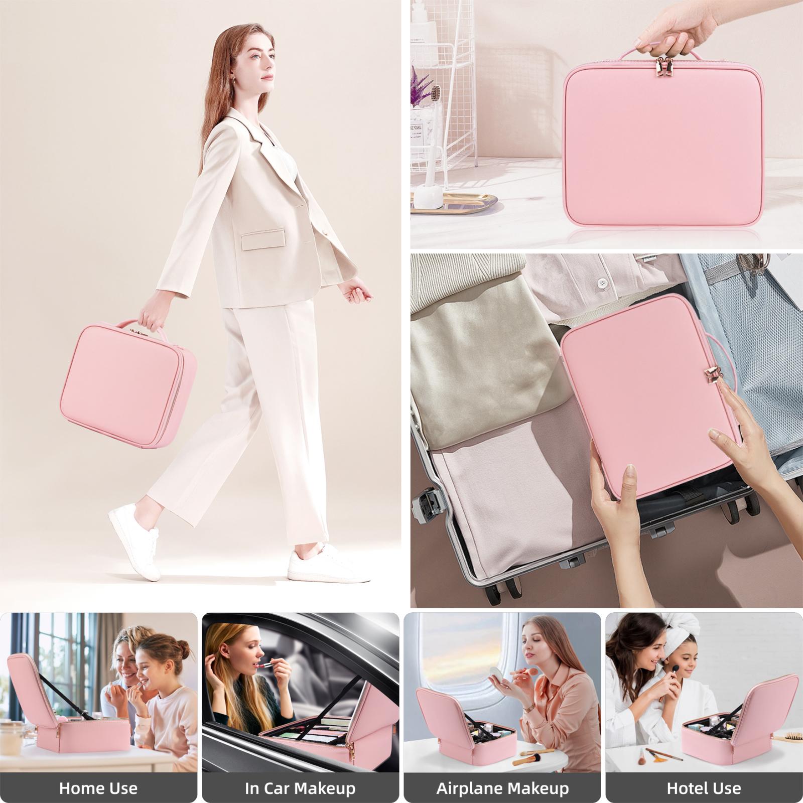 Portable Travel Makeup Bag with LED Mirror, 3 Color Light Settings, Rechargeable Cosmetic Organizer Case for Women, Portable Vanity Box for Beauty Essentials Zip，Valentine‘s Day&Mother's Day