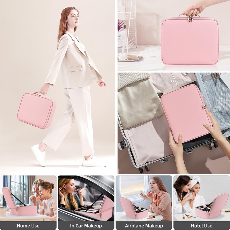 Portable Travel Makeup Bag with LED Mirror, 3 Color Light Settings, Rechargeable Cosmetic Organizer Case for Women, Portable Vanity Box for Beauty Essentials Zip