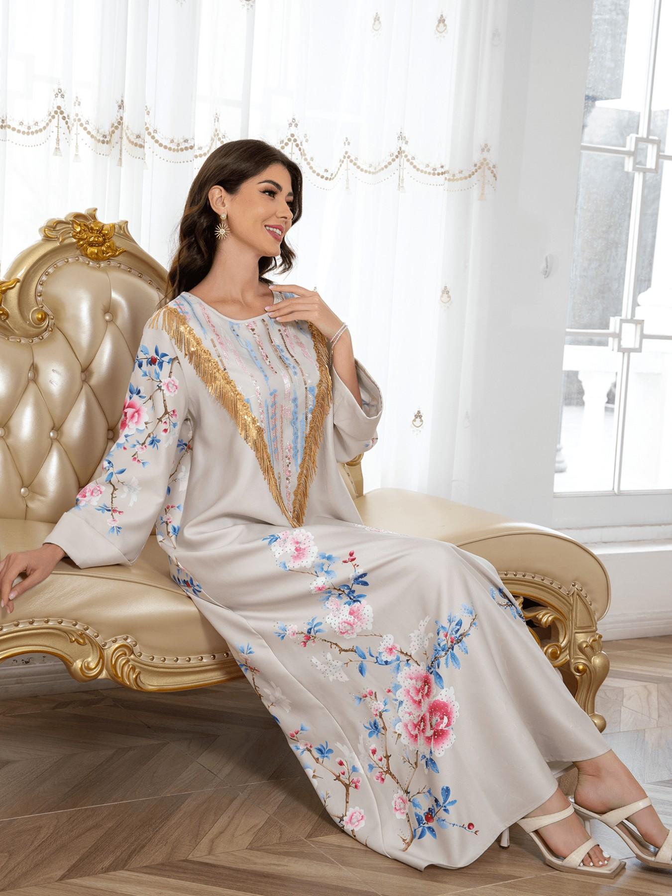 Cross - border Muslim Middle Eastern women's printed long dresses, foreign trade dresses, evening gowns with sequins