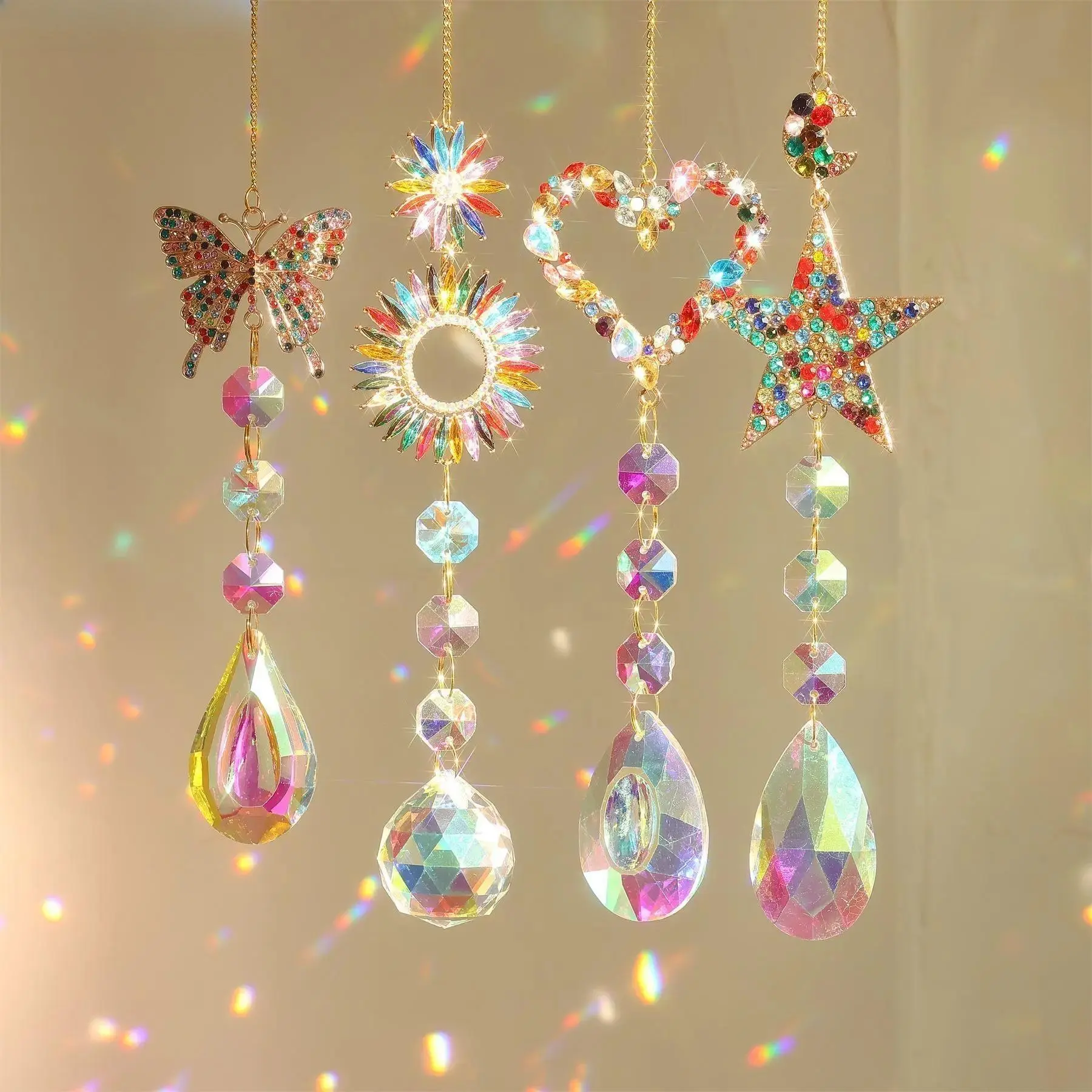 Colorful Gem Sun Catchers, available in heart, star, butterfly and sun shapes. Beautiful light-refracting garden decor, exquisite ornaments to brighten up backyard, patio and home indoor spaces.
