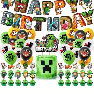 18pcs 26pcs Theme Pixel World Decoration Set, Includes Pull Flags, Plaques, Birthday Party Supplies, Perfect for Christmas Halloween Birthdays