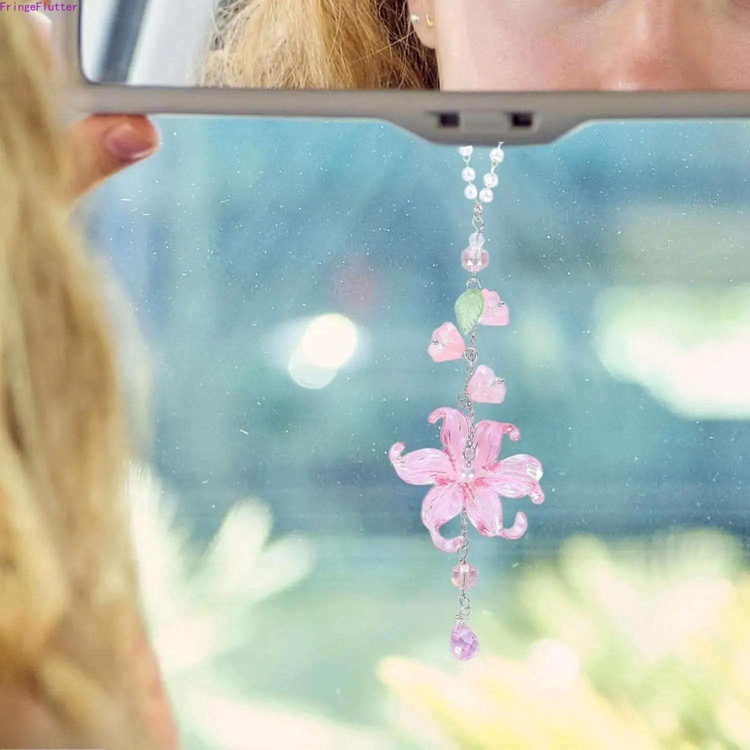 Handmade Lily of the Valley Crystal Suncatcher Car Hanging Boho Charm, Resin Beads Lotus Flower Rearview Mirror Ornament, Car Interior Accessories Unisex Gift for Drivers