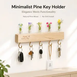 Cute Plant Keychain Holder (Wall-Mounted).No-Drill Solid Wood Key Holder for Wall, Aesthetic Entryway Organizer with Flower Design, 5 Metal Hooks & Mini Flower Vase. Self-Adhesive Wall Mounted Rack, Renter-Friendly Home Decor for Entryway & Hallway