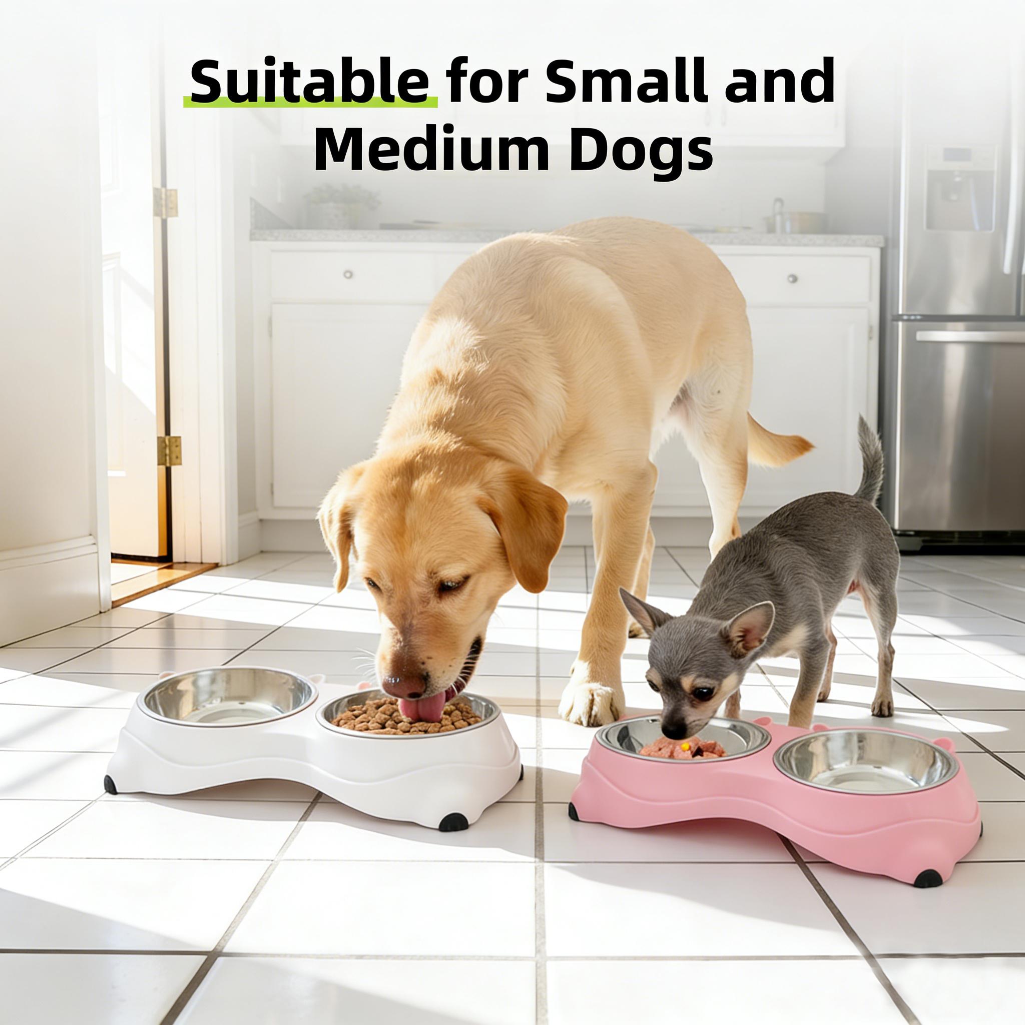 Stainless Steel Dog Bowls Set, Double Food & Water Bowls for Dogs, Dual Dog Food Bowl with 2 Small (18oz*2) Bowl, Non-Slip Pet Bowls Suitable for Puppies, Small and medium Dogs (White)