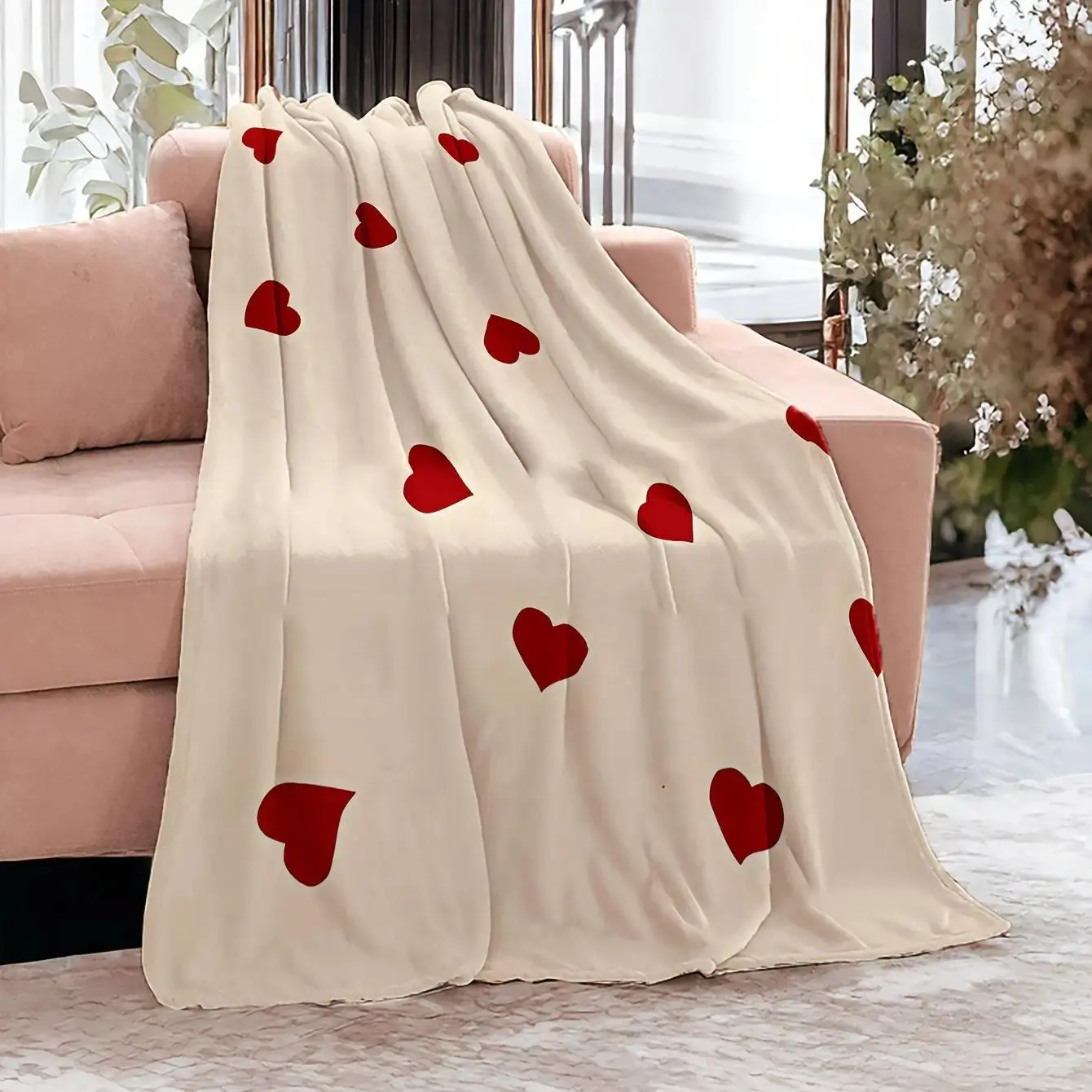Valentine's Love Theme Heart Prints Coral Fleece Throw Blanket - Contemporary, Soft, Cozy, Warm, Stain Resistant, Multi-Purpose Digital Printed Sofa Blanket Gift