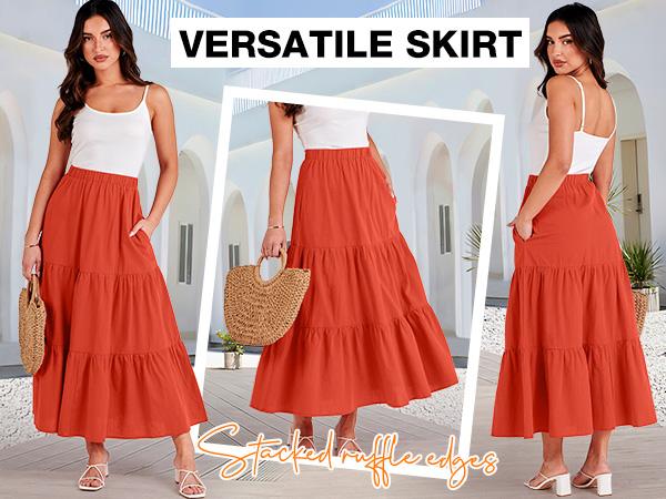 ANRABESS Women’s Summer Boho Elastic Waist Pleated A-Line Flowy Swing Tiered Long Beach Skirt Dress with Pockets