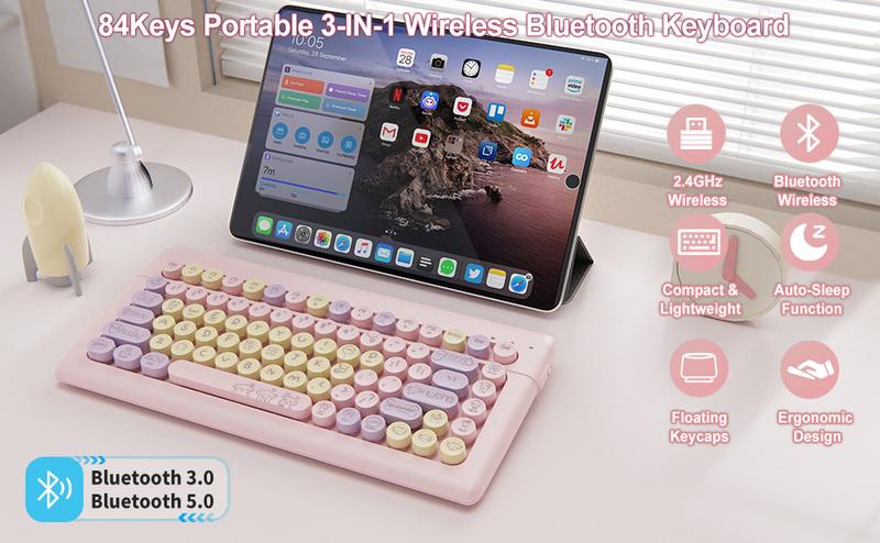 Wireless Bluetooth Keyboard for Mac, iPad, iPhone, PC, and Android—Connect Up to 3 Devices, Portable 84-Key Retro Typewriter Style, Light Blue