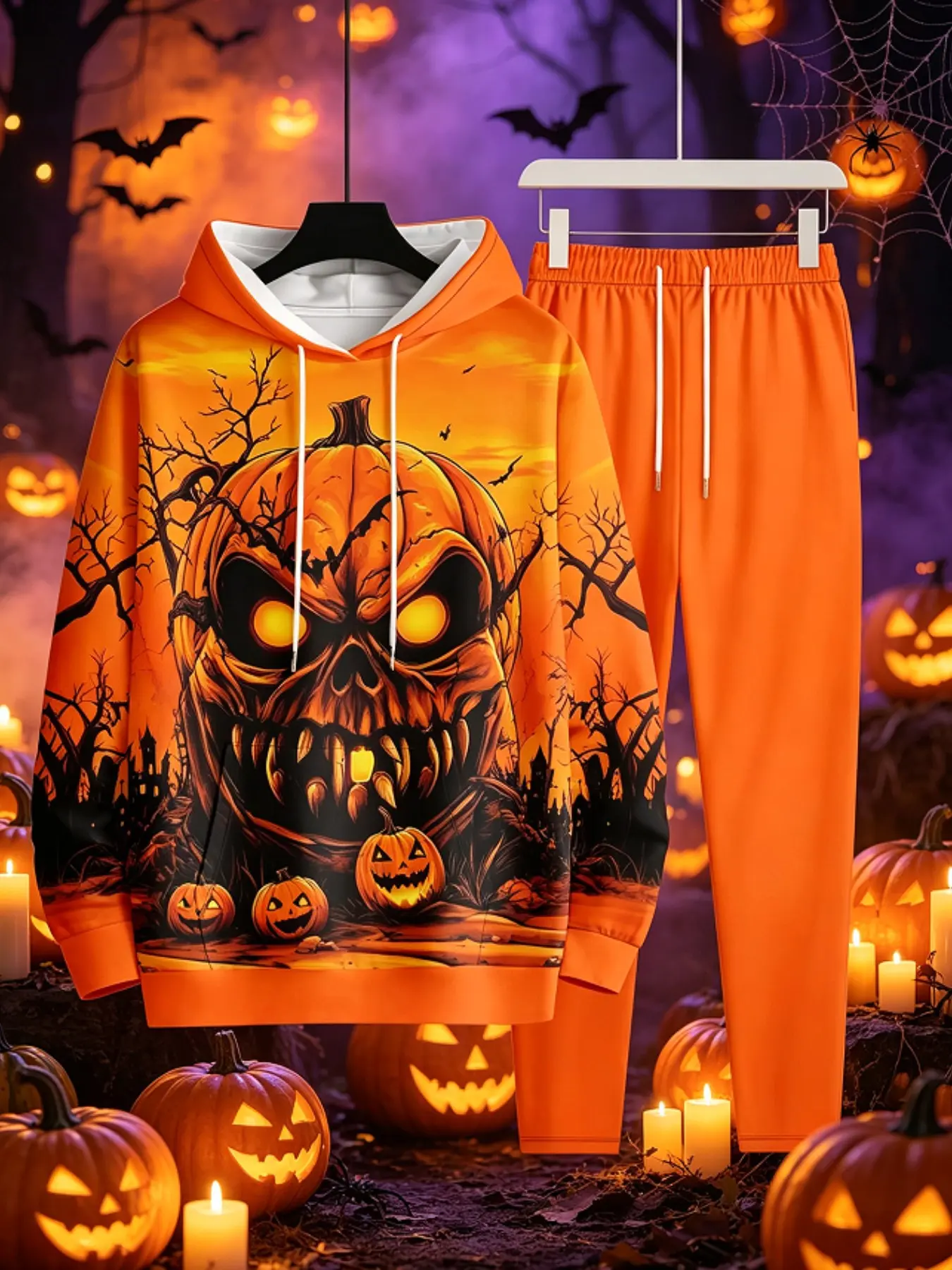 Men's Halloween Two-Piece Set, Horror Pumpkin Face Print, Loose Fit Hoodie and Pants, Festival Party Streetwear, Comfortable and Stylish