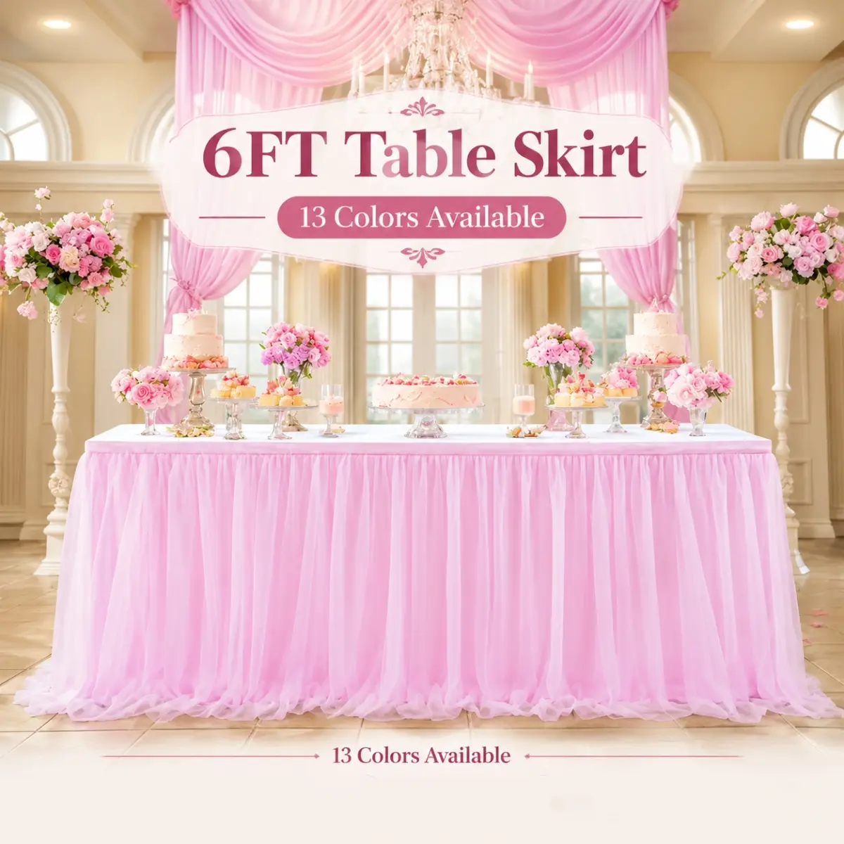6ft Floor Length Tutu Table Skirt with Satin Trim, Wrinkle-Free Long Tulle Table Skirt for Holiday Party, Birthday & Wedding Decor, Happy Birthday Decorations