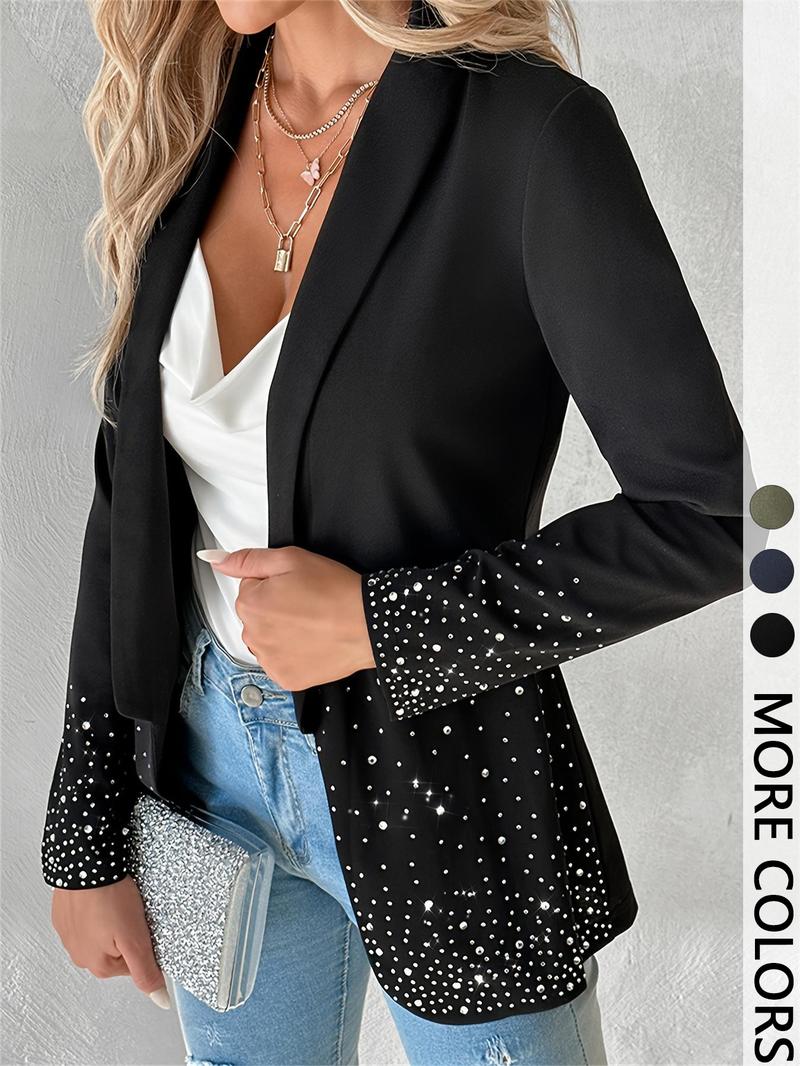 Women's Plain Long Sleeve Blazer Jacket, Elegant Water Drill Decoration, Stylish Business Casual Outerwear for Women
