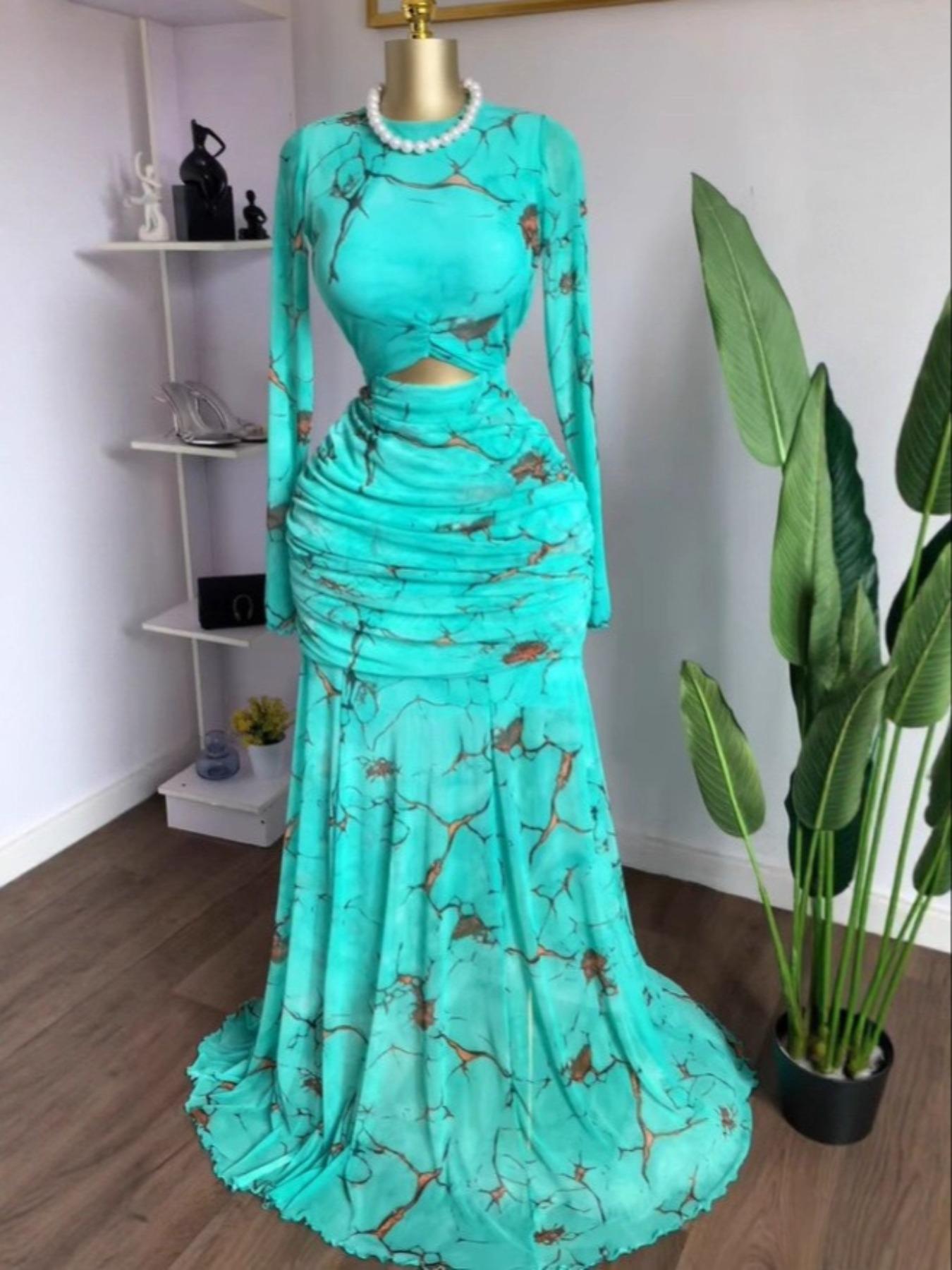 PULKRITU Winter Autumn Women's Round Neck Cut-Out Front Fitted Mermaid Dress,  Sexy Night Out Maxi