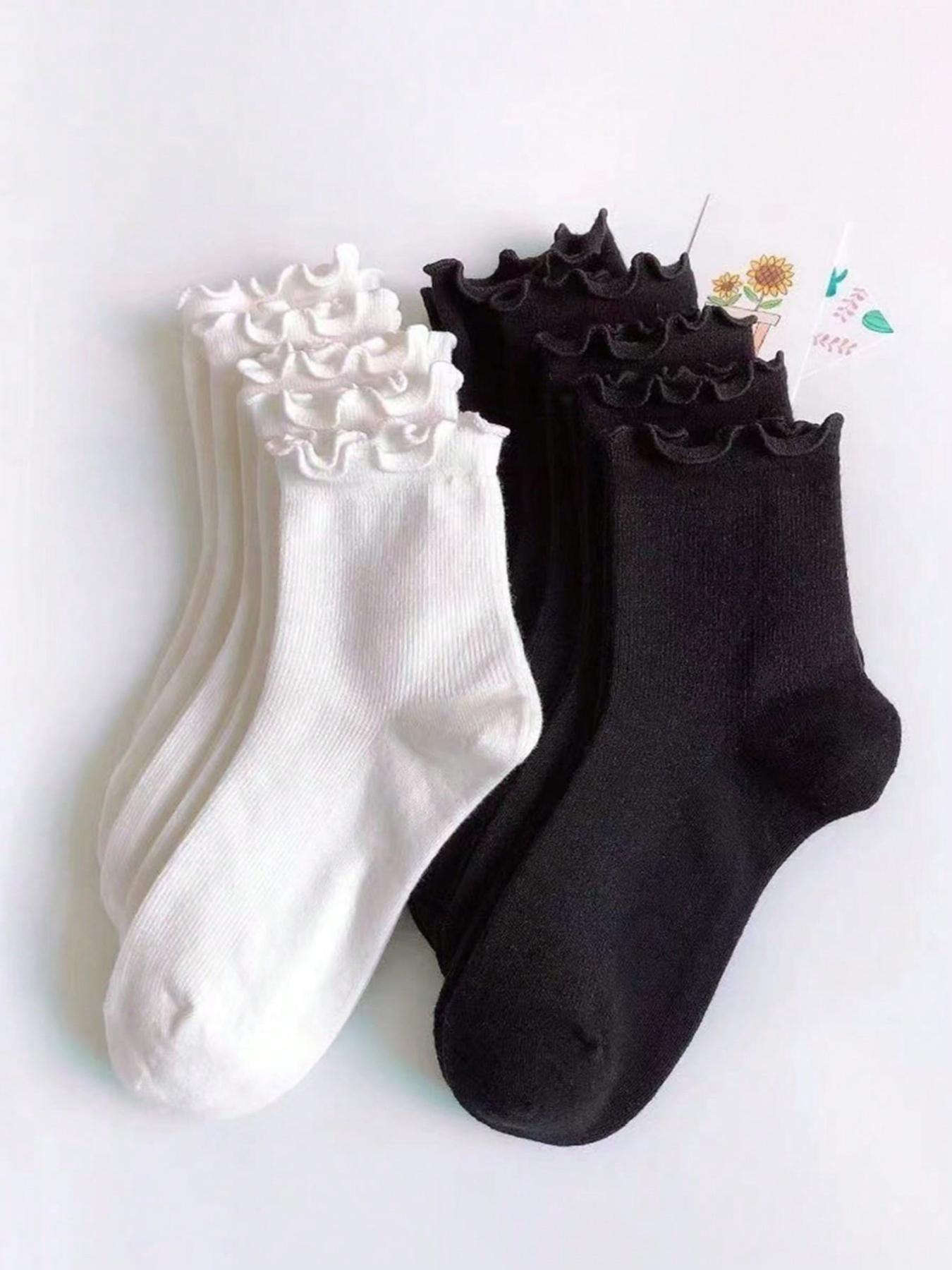 10 Pairs Women's White Frill Trimmed Casual Mid-Calf Socks, Women's Casual Crew Socks, Comfort Breathable Sports Socks, Basketball Socks, White Socks, Couples' Socks, Womenswear, Moisture Wicking, Anti Bacterial, Anti Stink, Suitab