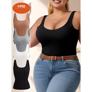 QUASTI Full Size Range Ribbed Tank Tops for Women, Wide Strap U-Neck Slim Fit Cami Tops, Waist Shaping Basic Daily Sleeveless Shirts, More Combinations For Your Choice, Ultimate Summer Basic: Soft Ribbed Tank Top, S-5XL