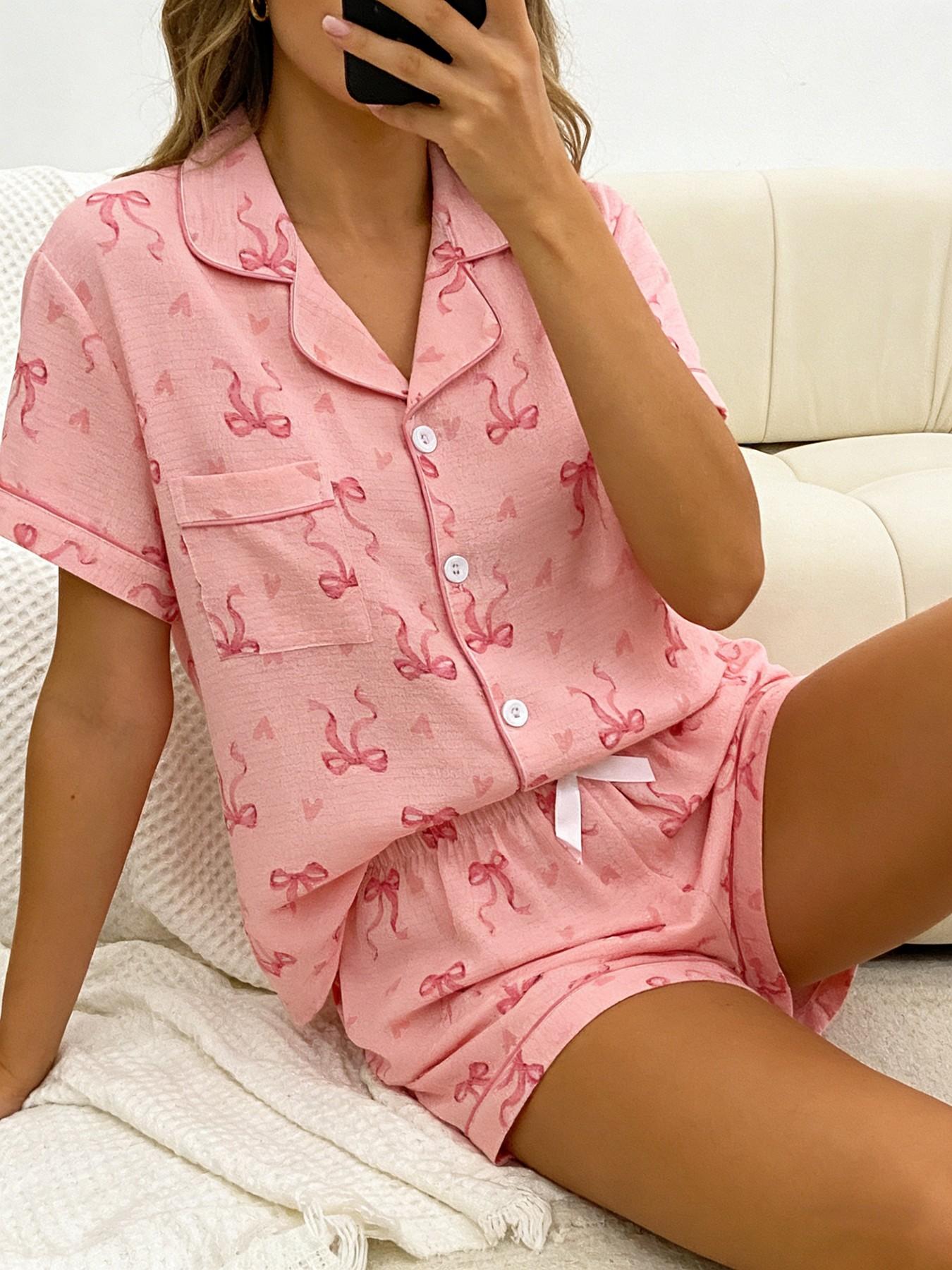 Women's Short Sleeve Button Down Top and Shorts Pajama Set, Spring Summer Wear, For French Gentle Style Girls, Soft Pink With Bow & Heart Print, Classic Lapel Collar, Loose Fit, Comfortable For Home, Afternoon Tea & Short Trips