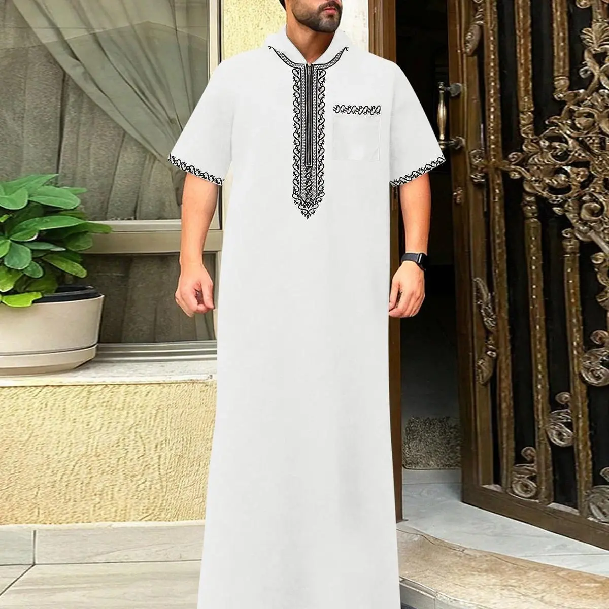 2025Moroccan Men's Thobe Short-Sleeved Embroidered Hood MuslimIslamicLooseJelleba Abaya - New Edition