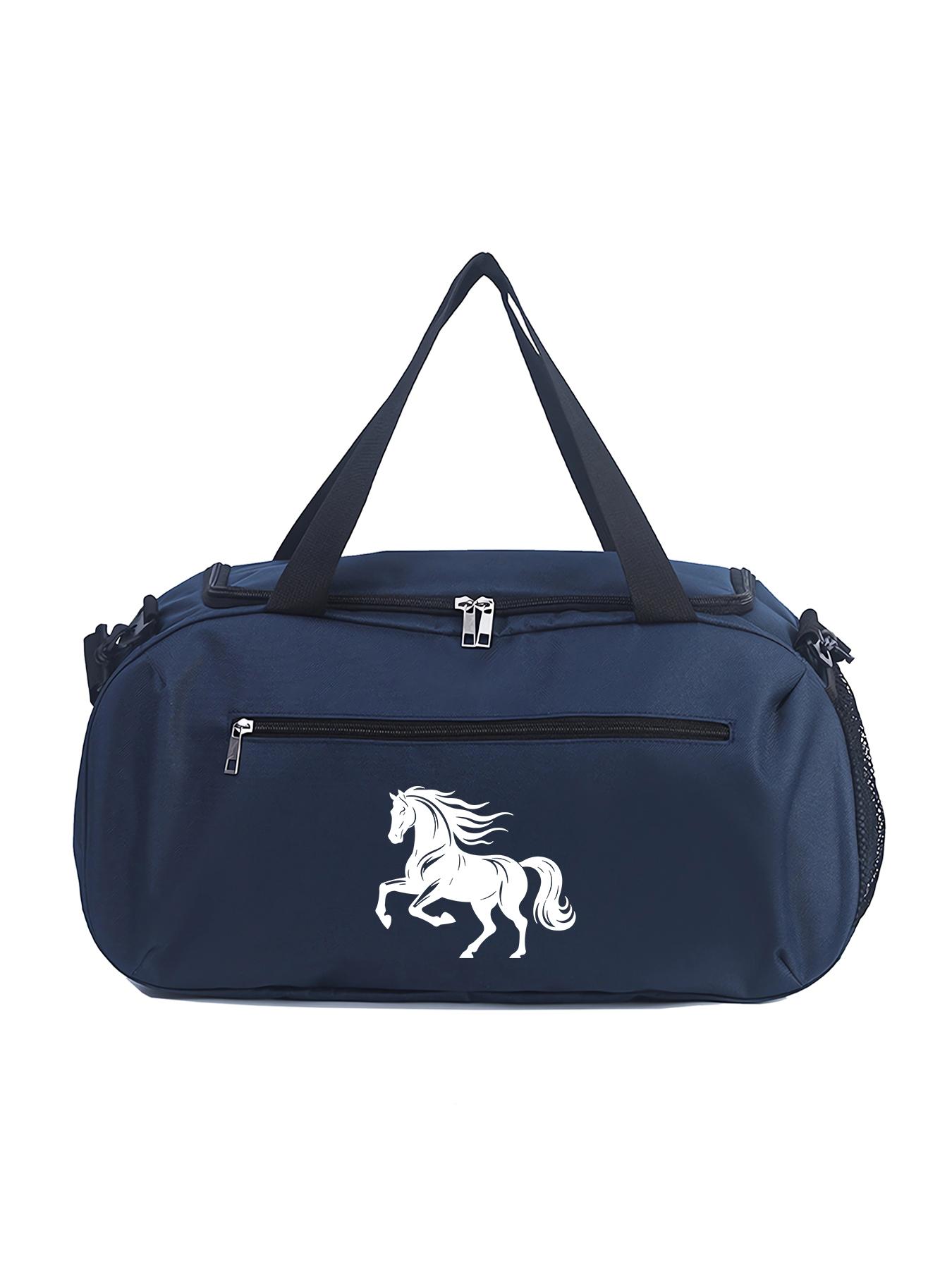 Steed Print Large Capacity Sports Gym Bag, Dry-wet Separation Storage Luggage Bag, Hand & Crossbody Travel Bag with Side Mesh Pocket. Unisex bag for training and short business trips, perfect gift for men.