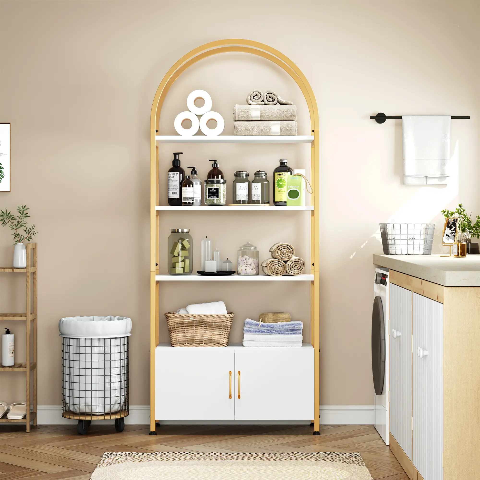 Arched N‑Frame Bookshelf with Concealed Cabinet – 71.5‑Inch Tall, 4 Open Shelves, Black/Brown Shelf with Black Frame & White Shelf with Gold Frame