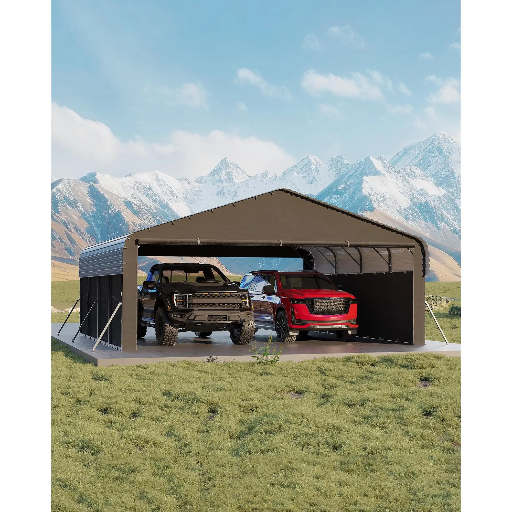 20'x20'x10' Enclosed Metal Carport – Heavy Duty Steel Frame with 220g Tarp for 2 Cars, Full-Size Pickup Trucks, Bass Boats & Tractors