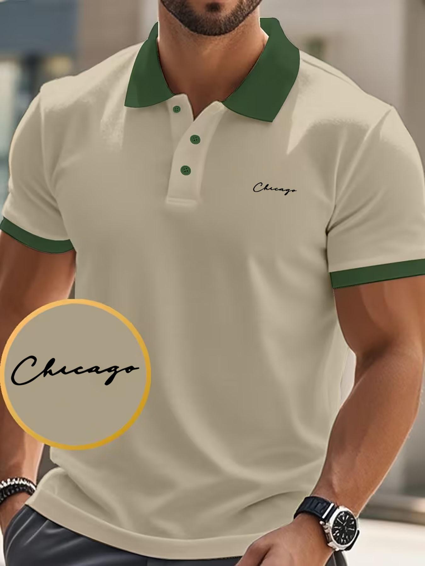 Men's Chicago Handwritten Print Polo Shirt, Slim-Fitting American Style Top, Short Sleeve Casual Wear for Spring & Fall