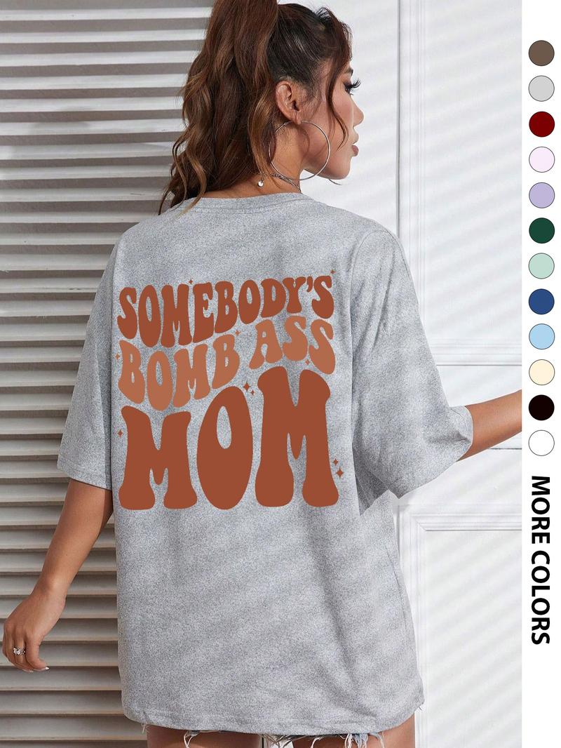 Women's Letter & Cartoon Face Print Drop Shoulder Tee, Casual Half Sleeve Round Neck T-Shirt for Daily Wear, Ladies Clothes for All Seasons