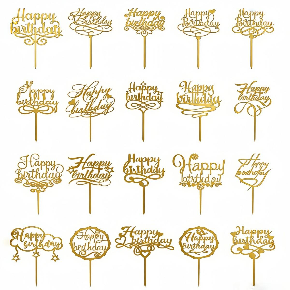 20 Pieces/set Style Happy Birthday Acrylic Cake Decorations, Party Cake Insert Set, 20 Styles, Birthday Cake Decoration Kit