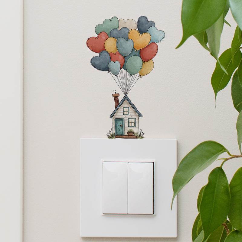 1pc Balloon House Switch Sticker, 2D Flat Sticker, Colorful Balloon and House Design, Removable Self-Adhesive, Home Decoration