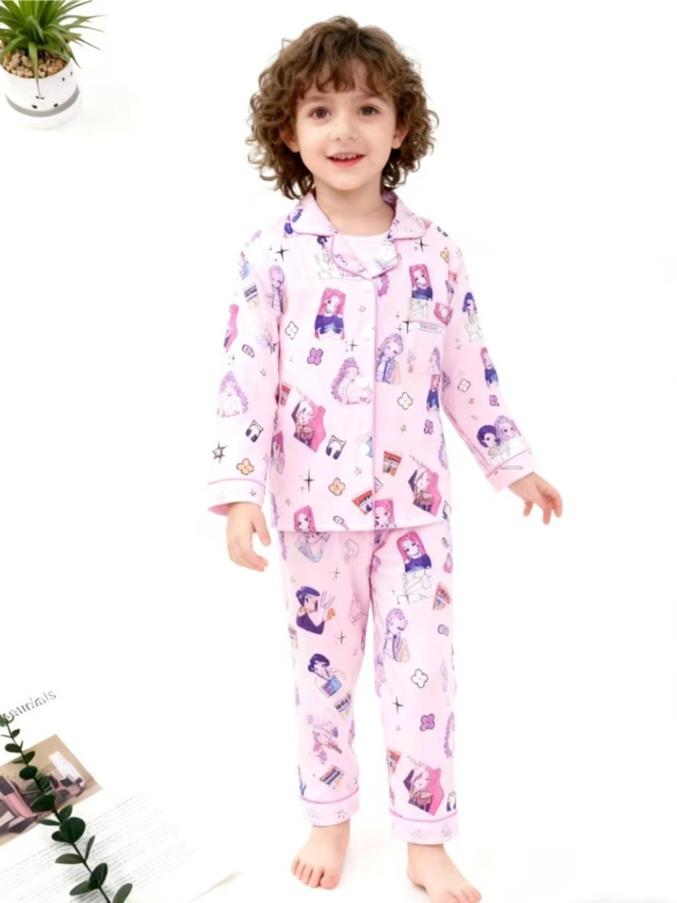 K-Pop Demon Hunter Kids Parent-Child Pajama Set, Cartoon Print Hooded Fitted Short Sleeve Top & Elastic Waist Long Pants, Comfortable Home Wear Nightwear