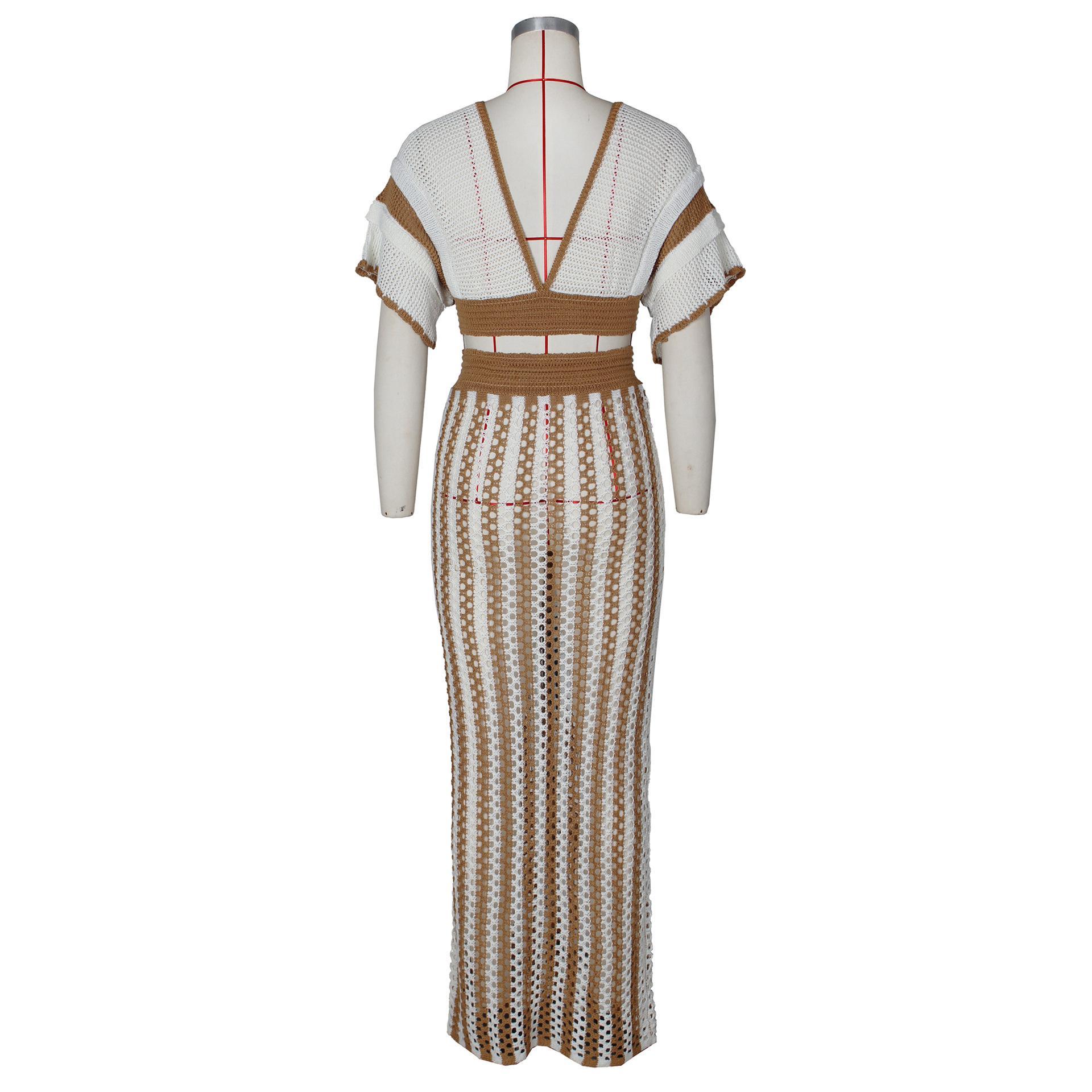Skirt Sets Women 2 Piece Outfits Crochet Crop Tops and Striped Maxi Skirt Vacation Outfit Hawaiian outfit Featuring an openwork knit texture design Suitable for vacations, beaches, and cruises Valentine's Day