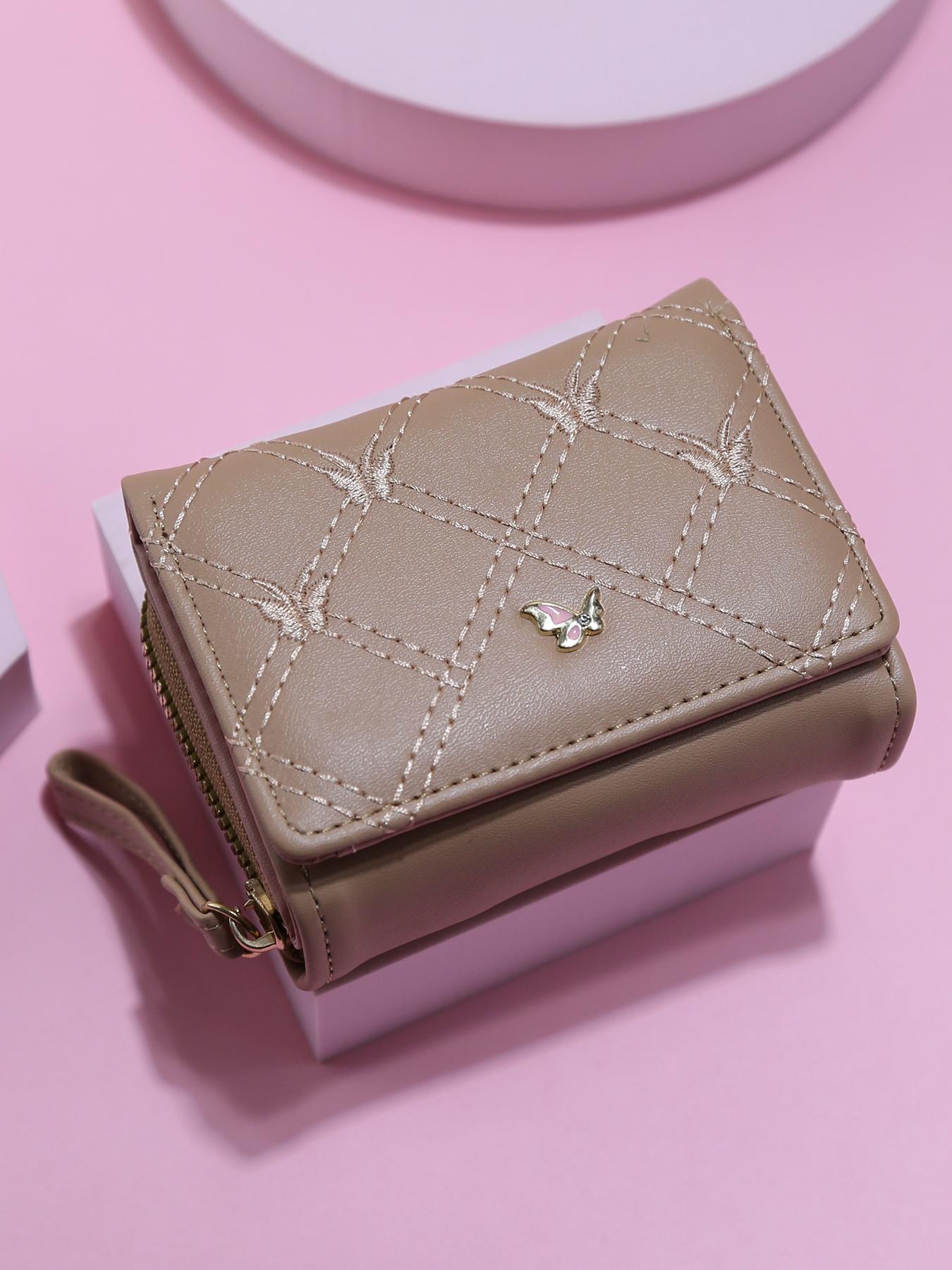 Trendy Mini Soft Leather Wallet for Women, Diamond Pattern Butterfly Metal Decoration, Multi-Card Slot ID Holder Handbag Portable Coin Purse
