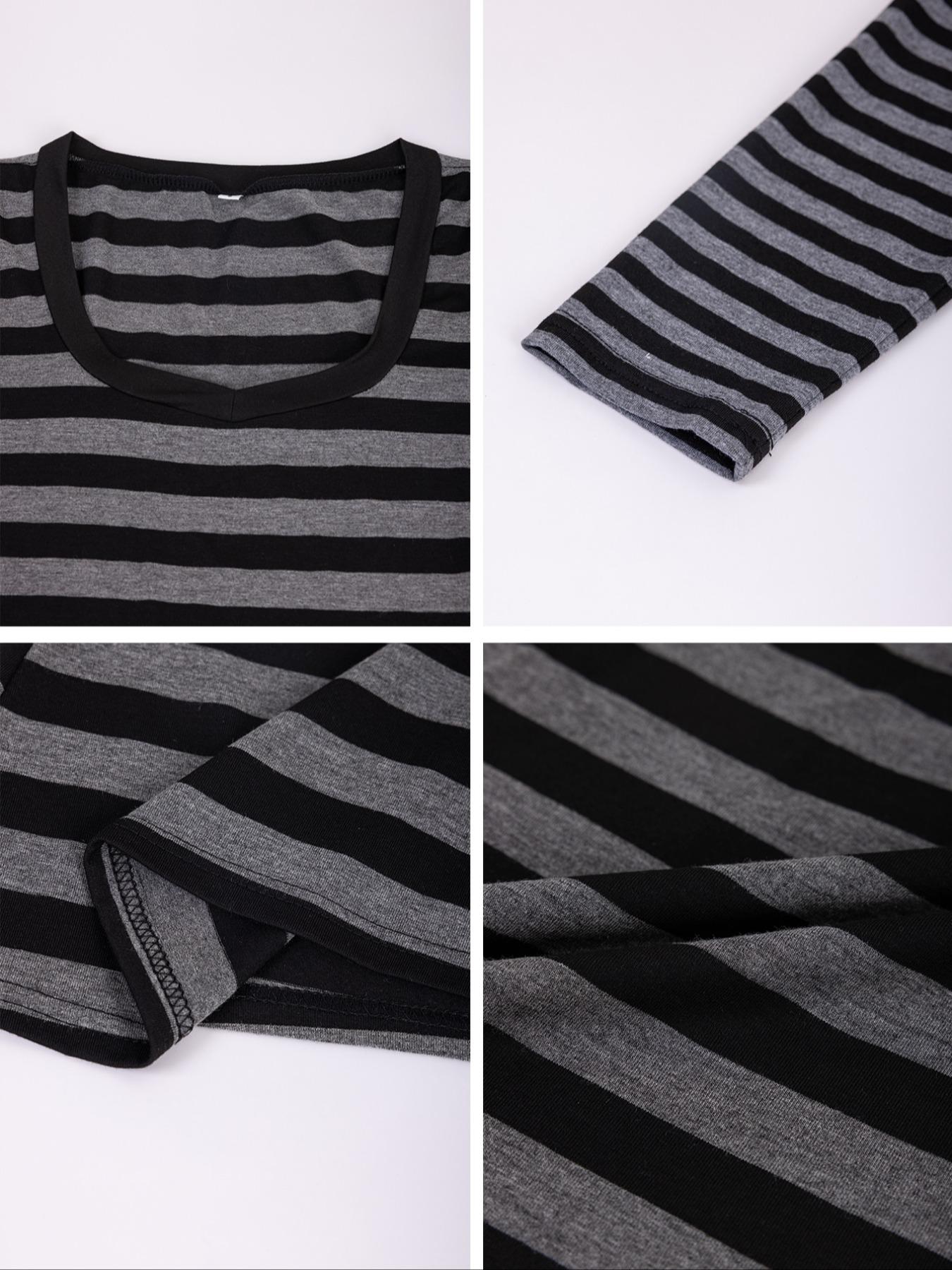 Women's Fall Winter Striped Long Sleeve Knit T-Shirt, Comfortable Casual Slim Fit Top, Perfect for Home & Outdoor Wear