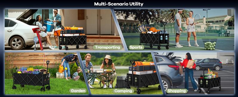 Collapsible Wagon Cart Foldable 34'' Extra Long, 360LBS Heavy Duty Folding Gardening Cart with Wheels, Portable Utility Outdoor Wagon for Grocery, Shopping, Sports, Camping, Black