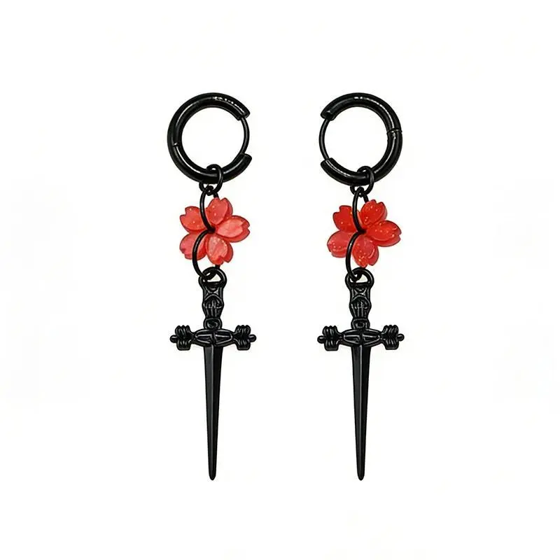 Punk Black Sakura Blade Earrings Gothic Cherry Blossom Sword Pendant Small Hoop Earrings Japanese Jewelry