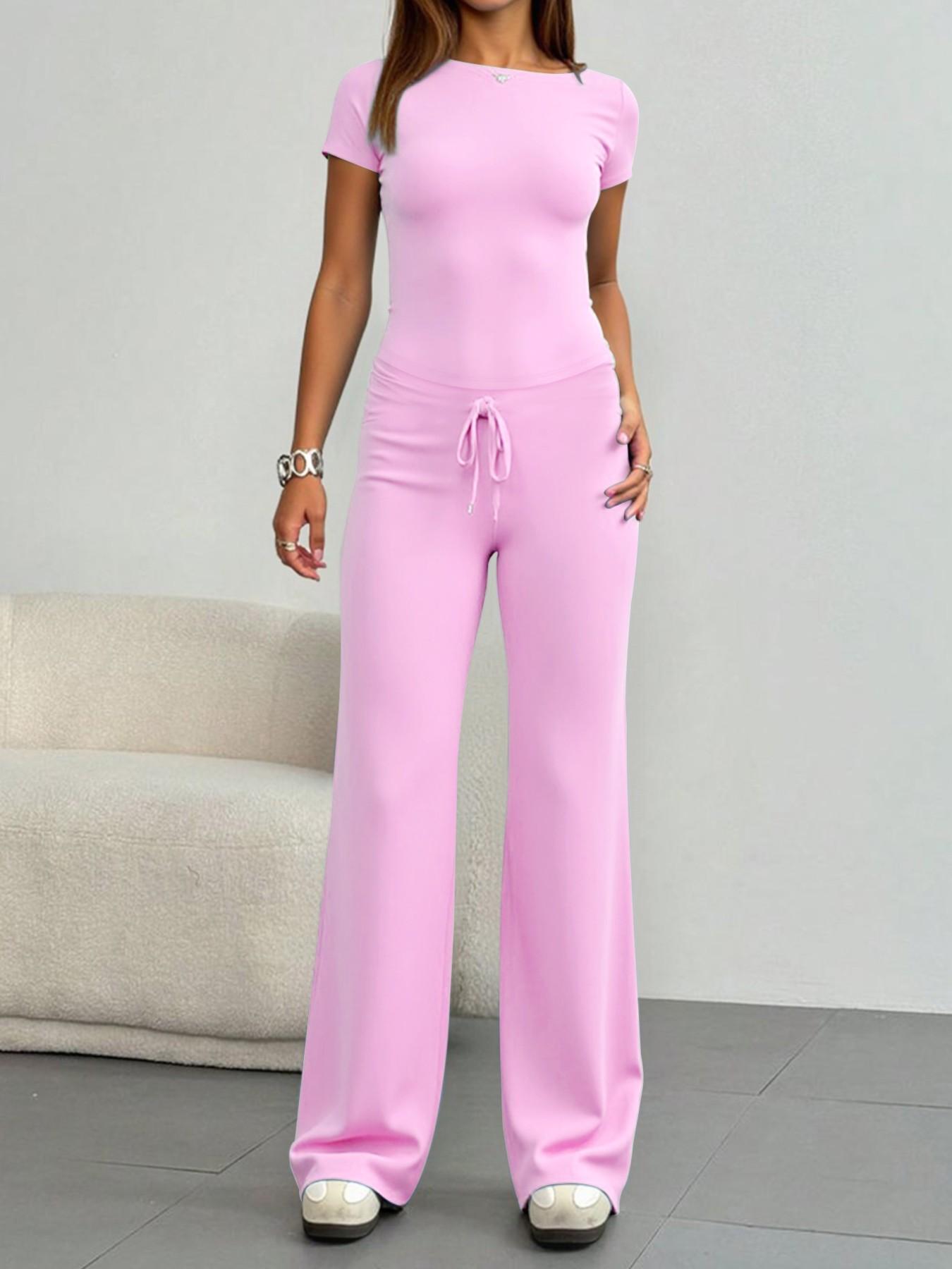 LovelyWholesale - US Women's Fashion Casual Solid Color Round Neck Short Sleeve T-Shirt Top and Drawstring Pants Two-Piece Set, Spring and Summer Clothing