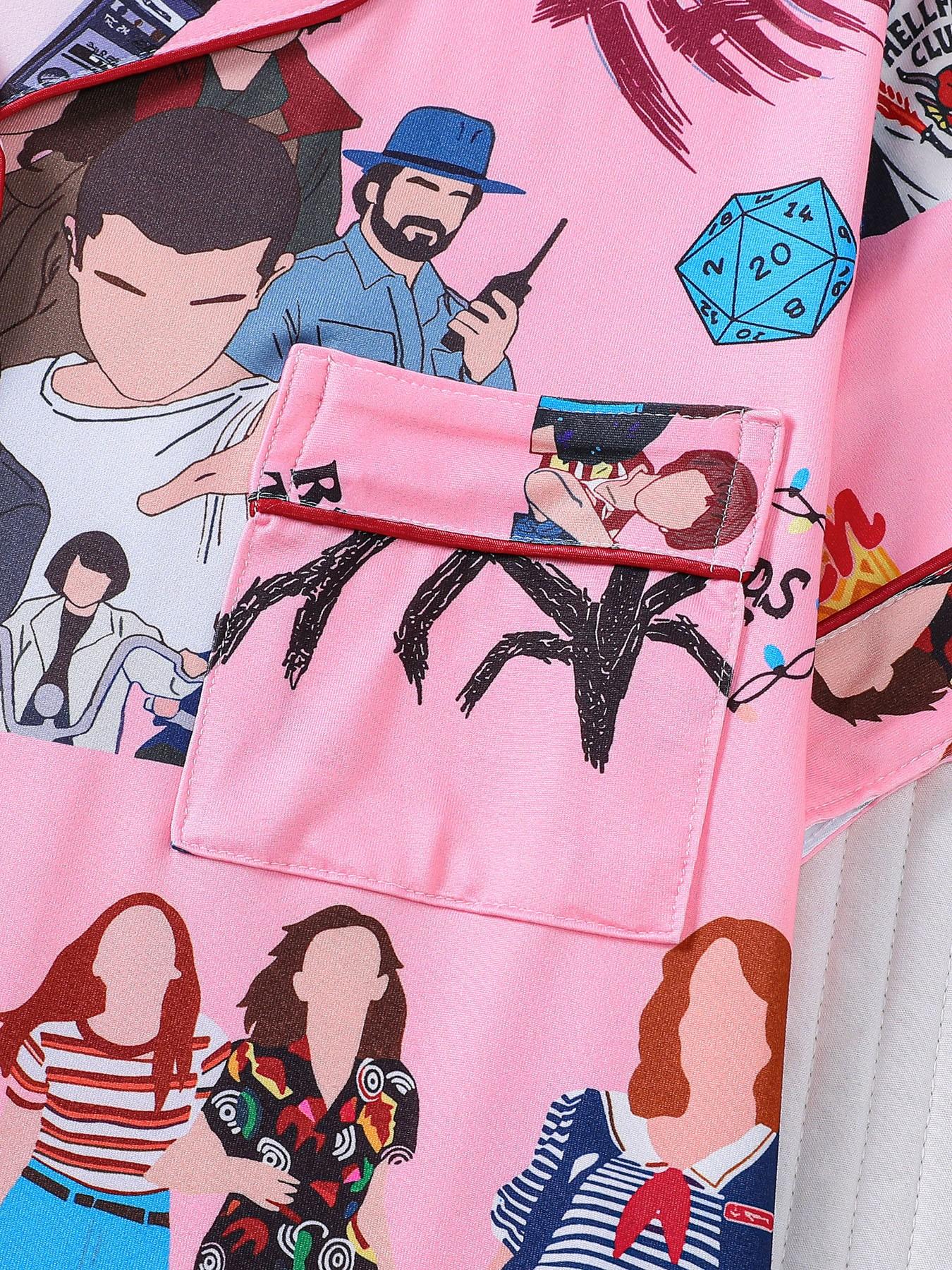 Stranger Things Cartoon All-Over Print 2-Piece Pajama Set for Women, Pink Girly Style Lapel Short Sleeve Top with Pocket & Elastic Waist Shorts, Soft Comfortable All-Season Casual Daily Loungewear Sleepwear