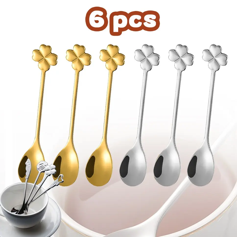 304 Stainless Steel Spoon Set, 6pcs, Durable Four-Leaf Clover Pattern Dessert & Coffee Spoon, Tea Spoon, Tableware for Home Cafe, Perfect Christmas & New Year Gift