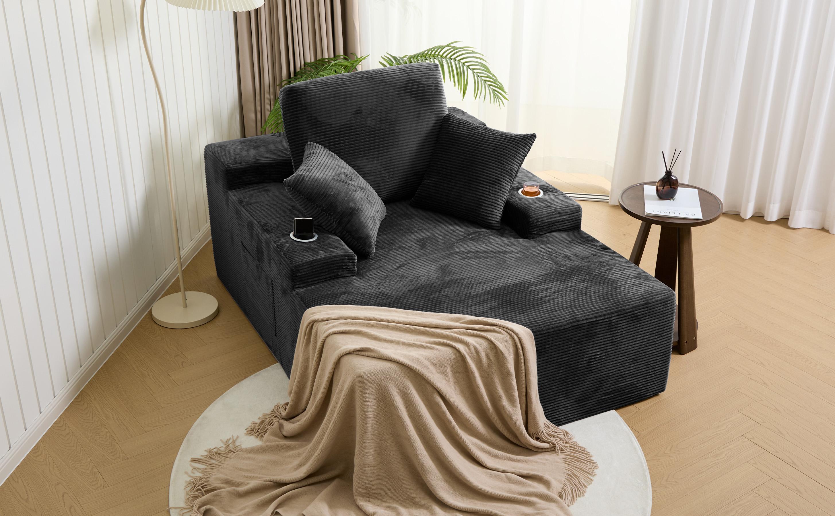 LIKIMIO 49" Oversized Chaise Lounge Sofa Bed with 2 Cup Holders & Storage Pocket - Plush Corduroy Upholstered, No Assembly Cloud Couch for Living Room, Bedroom, or Reading Nook