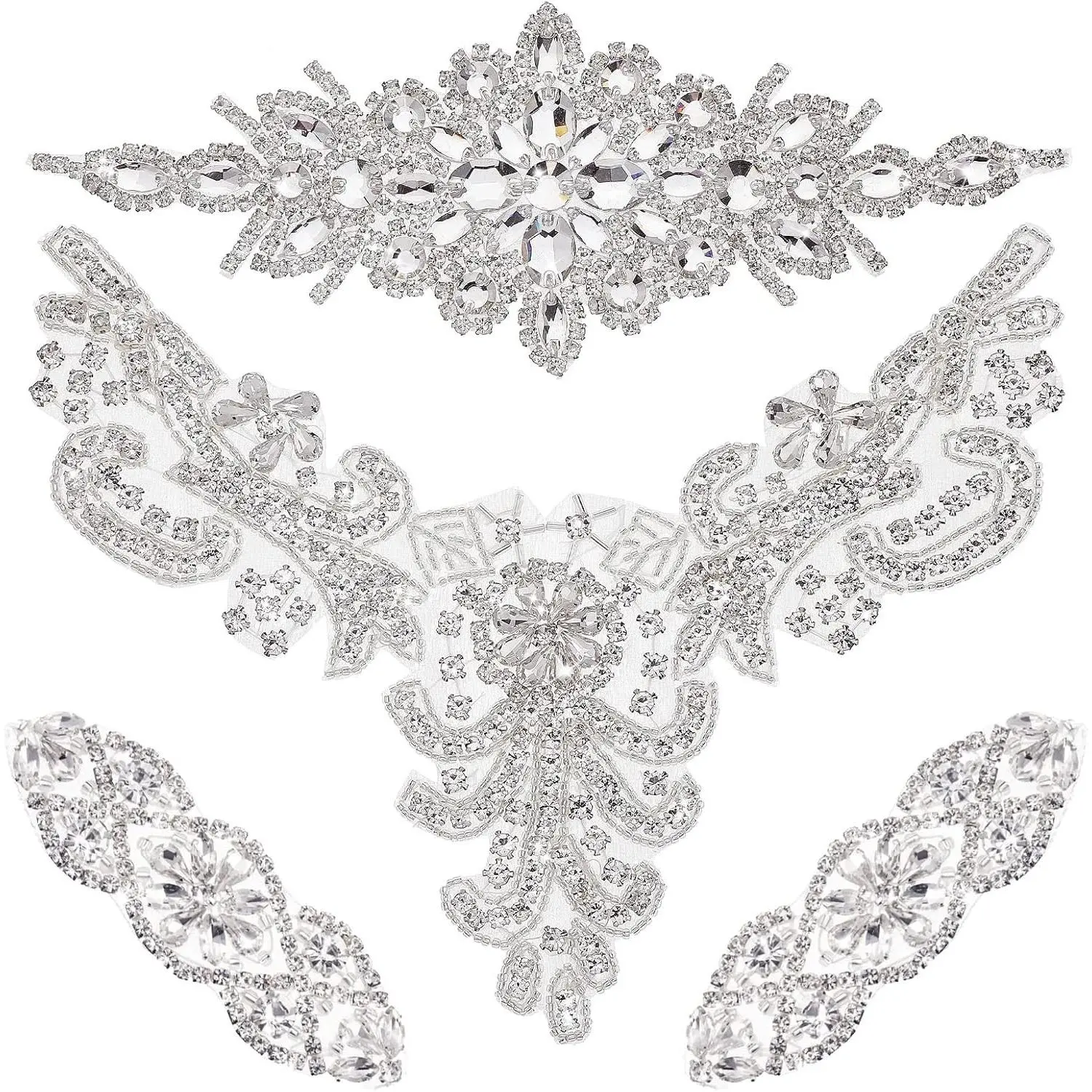 4 Pcs Rhinestone Appliques for Wedding Dress Bridal Sequin Applique Iron on Patch Crystal Rhinestone Trim for Women Wedding Clothes DIY Crafting Prom Decoration(Sliver)