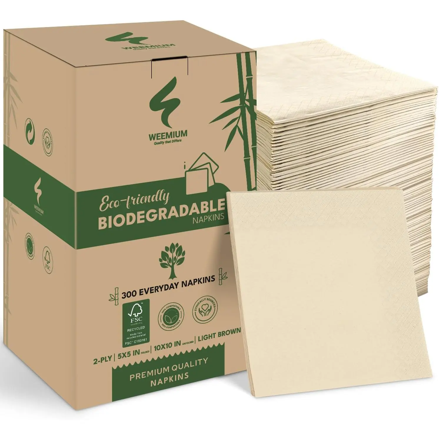 Compostable Disposable Napkins, 300 Count, 2-Ply, 5x5 Inch, Bamboo, Tree-Free, FSC Certified, Biodegradable and Absorbent for Dining