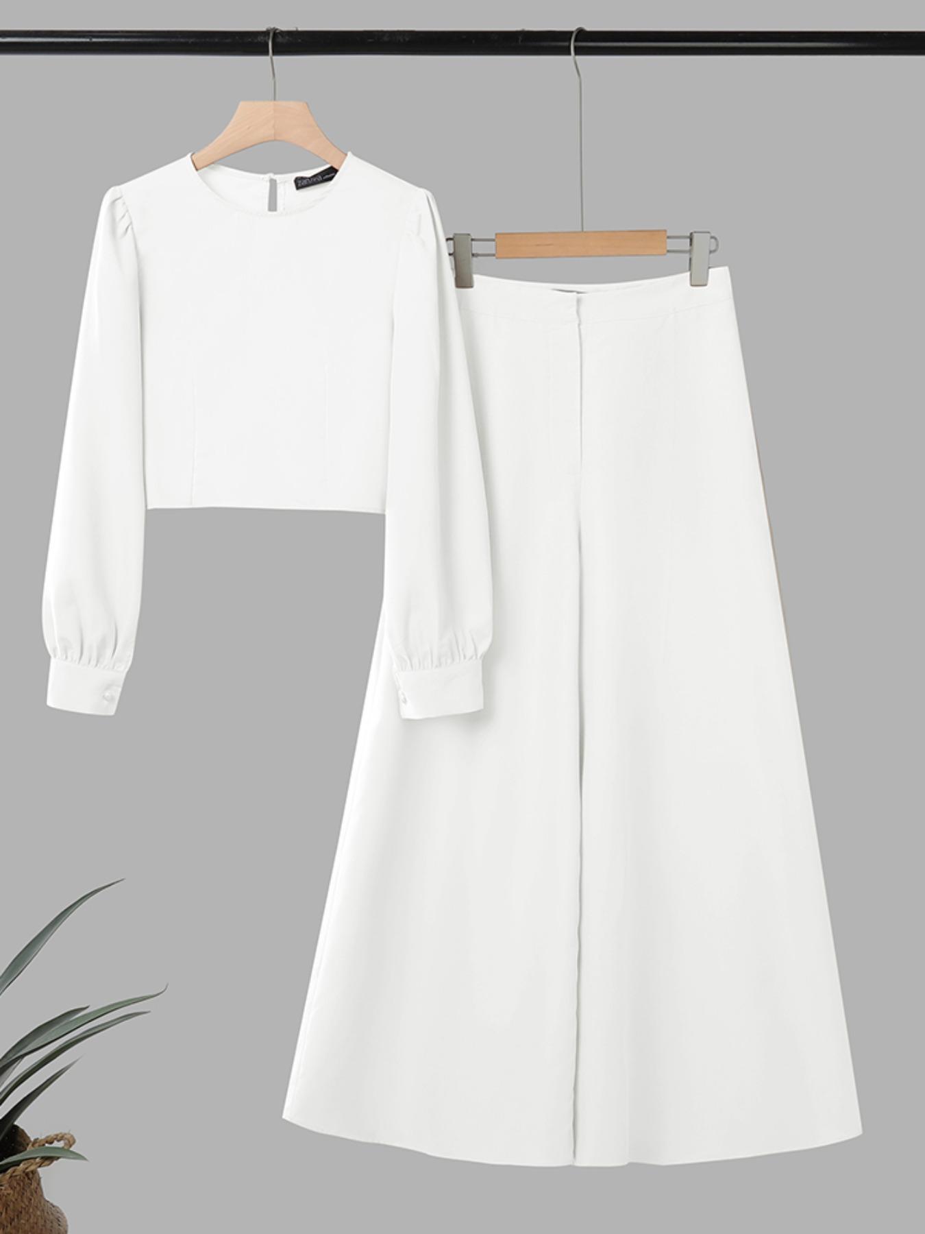 Women's Casual Two-Piece Set, Round Neck Long Sleeve Top & High Waist Wide Leg Pants, Office Style for Daily Wear