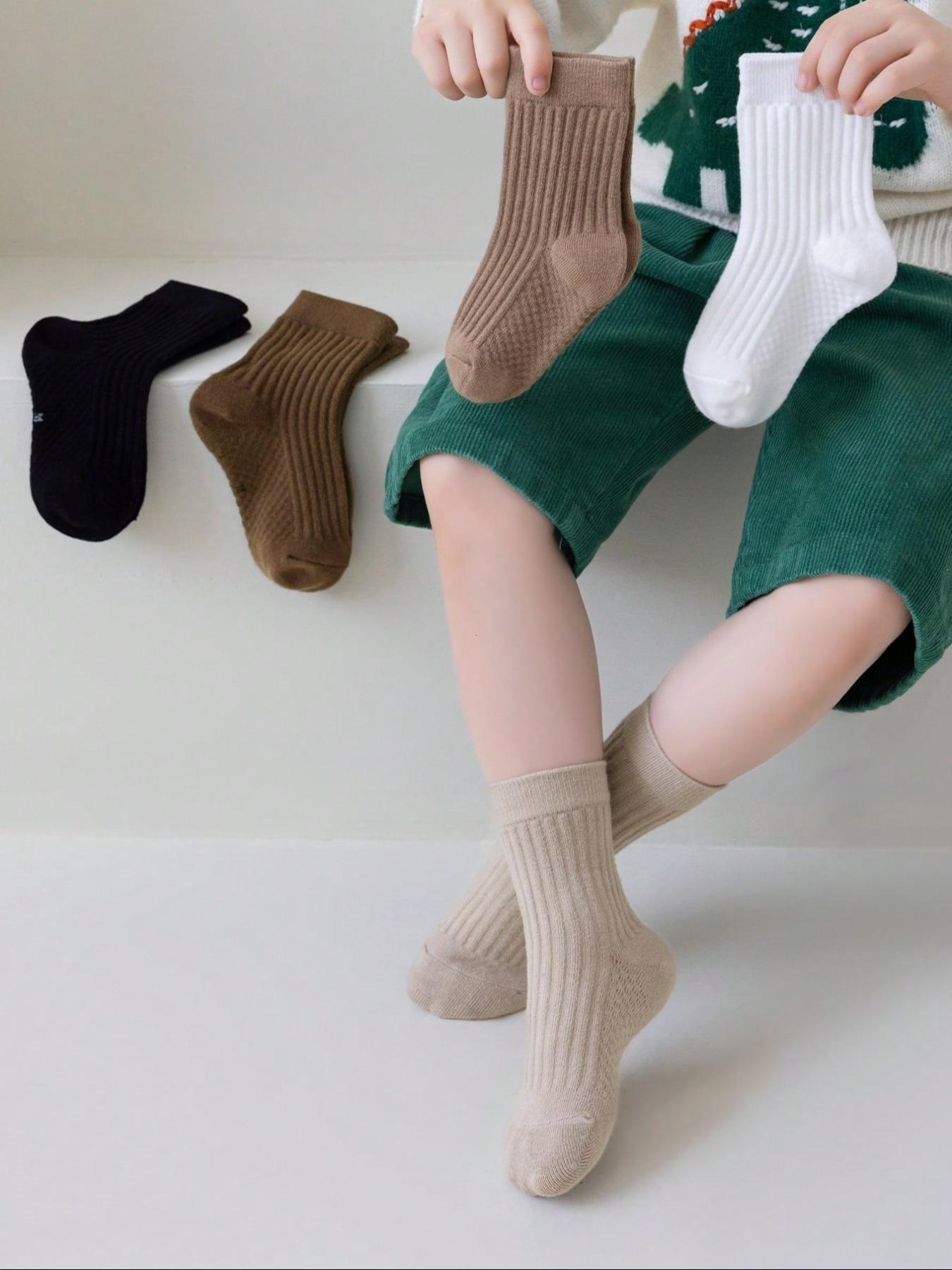 5 Pairs Kids Mid-Calf Socks, Boys Girls Infants, Solid Striped, Massage Pineapple Sole, All Seasons, Thin, Daily Wear