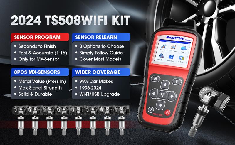 Autel MaxiTPMS TS508WiFi Kit with 8PCS 315+433MHz Sensors Universal Programming, Relearn, Activation Tool, Copy by OBD, Tire Monitoring System, Free Update Upgrade of TS508K, TS408, TS501, TS601,
