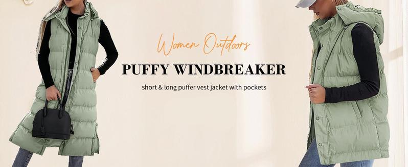 Goranbon Women's long Quilted Vest hooded Sleeveless Button Down puff vest cotton padded jacket winter coat