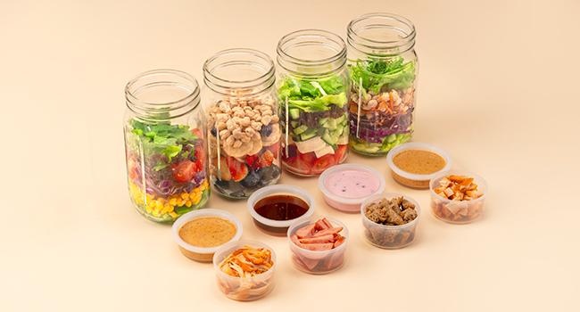 SOLIGT Glass Salad Jars with Lids, 4 Pack 32oz, Leakproof Container for Lunch - Two Small Built-in Boxes with Wet/Dry Separation for Salad Dressing and Dry Ingredients, Mason Jars for Meal Prep Christmas Gift Ideas