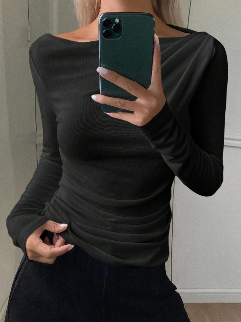 Women's off Shoulder Long Sleeve Top, Loose Fit Asymmetrical Neck Shirt, Casual Elegant Spring & Fall Fashion