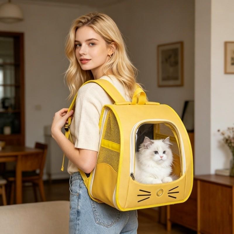 Transparent Bubble Window Cat Face Design Pet Backpack, Wide Strap Foldable Breathable Dog Bag, Ideal for Festive Occasions, Comfortable Travel Essential
